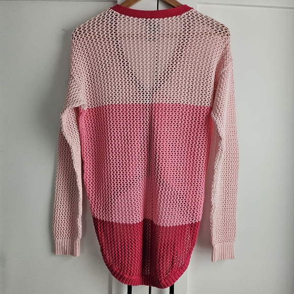 Women Cardigan Size L Pink Crochet Sweater Asymmetrical Long Sleeve Button-up - Picture 3 of 7